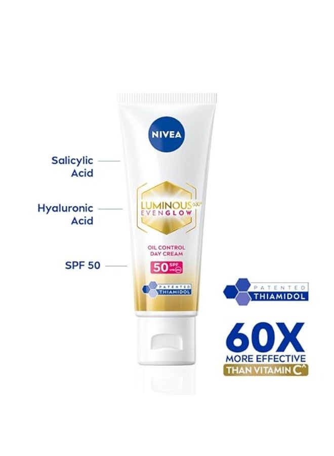 NIVEA Luminous Even Glow Oil Control Day Cream10ml  for face |SPF 50 with UV protection & UVA UVB filters | Thiamidol, Hyaluronic Acid, Vitamin E for Dark Spots Reduction & Deep Moisturization - Image 4